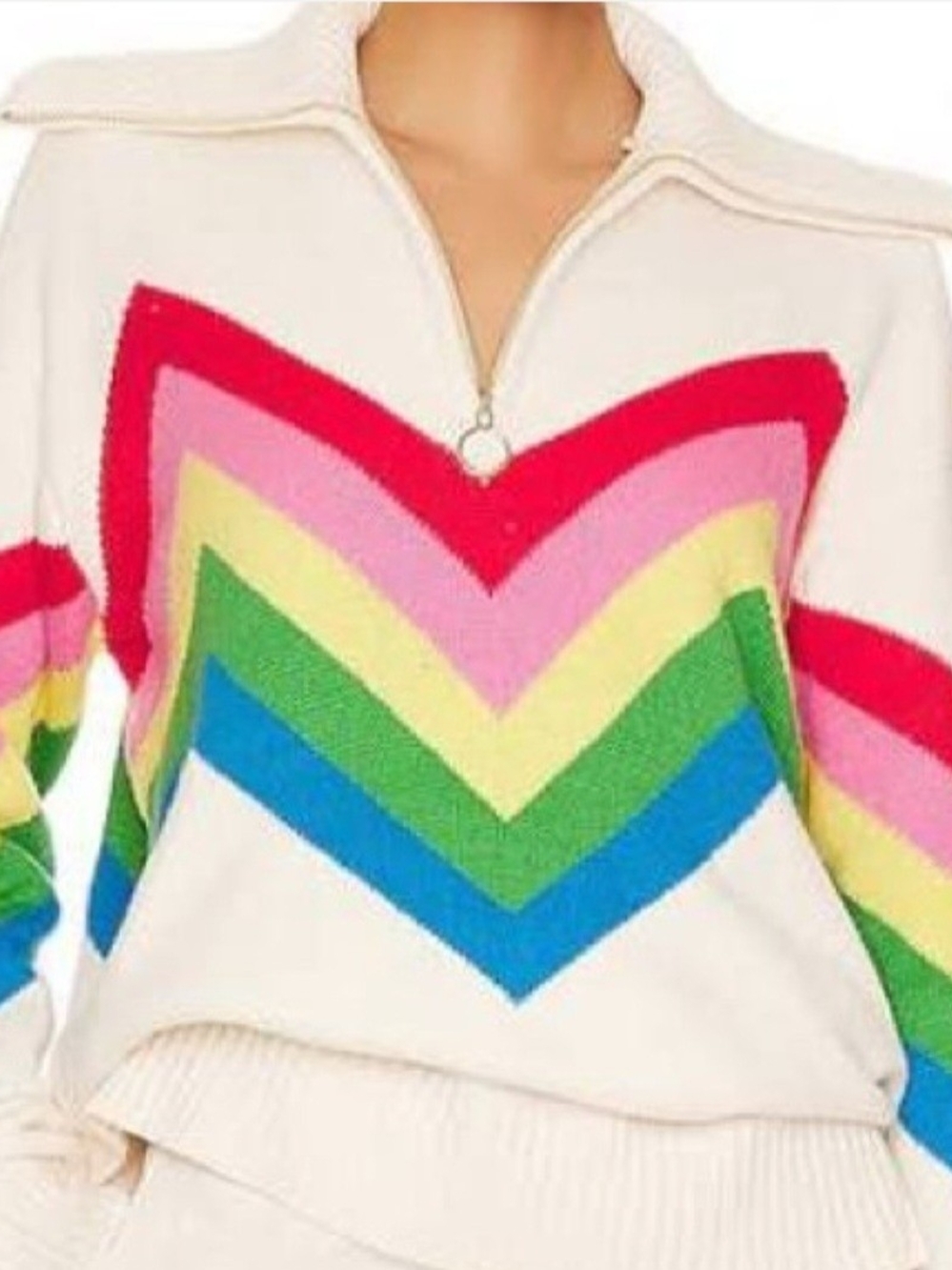 Cream Chevron Zip-Neck Sweater with Rainbow Stripes